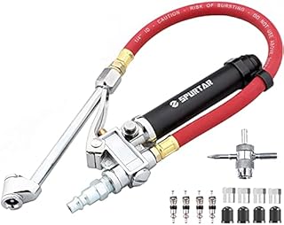 Spurtar 10-120 PSI Heavy Duty Car Tire Inflator Gauge with 4 Way Tool and Valve Cores Automobiles Tire Pressure Gun with 12