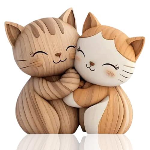 Cumnvulnt Naturholzfarben Katzen Deko, Katzenfiguren Deko mit 2D-Design, Dekoration für Bücherregal aus Massivholz, Wohntextur für Wohnzimmer &...