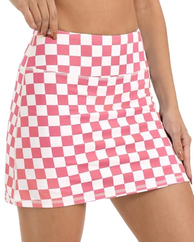 Zllw Women 15' High Waisted Checkered Skort, A-Line Athletic Skort With Built-In Shorts &Amp; Pockets For Tennis Golf Pickleball Pink And White(L)
