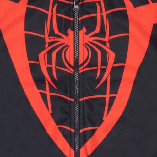Image of Marvel Comics Spider-Man Miles Morales Boys Sweatshirt - Button-Up Long Sleeve Graphic Print Hooded Varsity Jacket for Kids