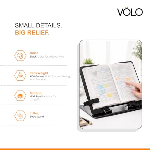 Image of VOLO Book Stand - Adjustable Foldable Metal Book Stand Holder, Stable Hands Free Reading, Portable Desktop Book Holder for Cookbooks Textbooks Sheet Music | Black