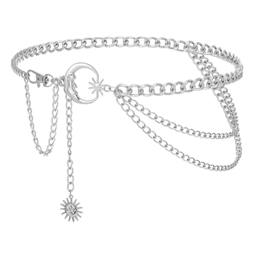 Layer Metal Chain Belt Moon Sun Belly Belt Body Chain Fashion Link Belts Skinny Dress Waist-Chain for Women (Silver)