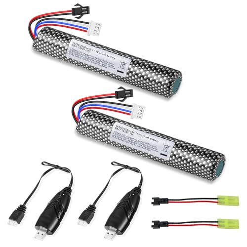 11.1V Battery Gel Blaster 3S 2500mAh High Capacity Airsoft Batteries with 2PCS Mini Tamiya Connector to SM-2P Plug Cables and 2PCS 11.1V Battery Charger for Water Bead Splatter Ball