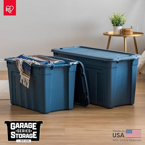 Image of IRIS USA 31 Gallon Eco-Friendly Heavy Duty Storage Totes with Easy-Grip Handles, 8 Pack - Large Bins with Lids Garage Organizing Tubs, Durable Stackable Utility Containers, Made in USA - Navy