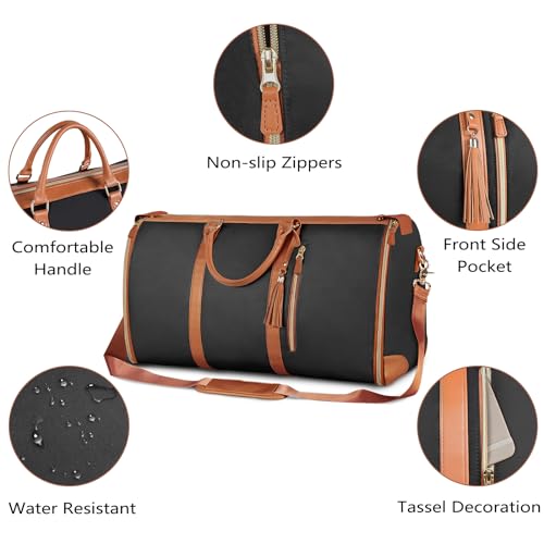 Image of Carry On Garment Bag, Large PU Leather Duffle Bag for Women, D-Black, Large Sized Garment Duffle Bag, Travel