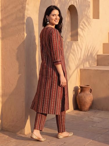 Image of INDO ERA Women Pure Cotton Striped Printed Kurta & Pant Set |Cord Set For Women Cotton