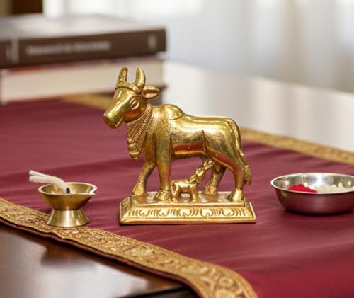 Esplanade Laiton Kamdhenu Vache et Veau Sculpture - 6,5 cms | Idole de Bon augure Kamadhenu | Statue de Bonne Fortune…