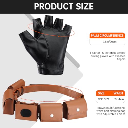 2 Pcs Halloween Cosplay Leather Utility Belt with PU Leather Fingerless Gloves Adjustable Women Mens Adult Accessories Belt for Halloween Cosplay2