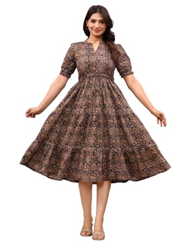 Image of LABEL ADRIJA Pure Cotton Calf Length Midi Dress for Women Floral Print | Flared Anarkali Dress Puff Sleeves