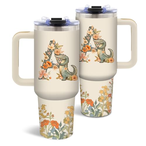 DUUV Crocodile Monogrammed Tumbler 40 Oz with Handle, Monogrammed Gifts for Women Girls Friends, Fun Crocodile Design Letter A Insulated Coffee Travel Cup, Gifts for Christmas Thanksgiving, 1PCS
