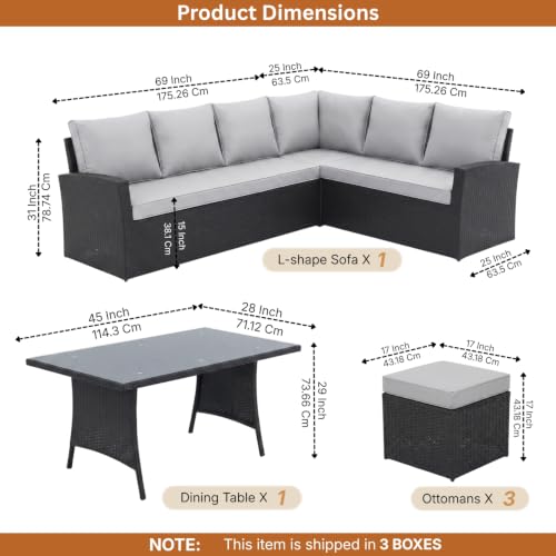 Image of DEVOKO 6 Pcs Outdoor Conversation Set Patio Furniture Set All Weather Wicker Sectional Couch 7 Seater Sofa Dining Table Garden, Poolside, Balcony, Backyard (Black And Grey Color)