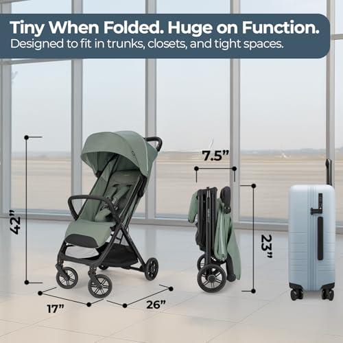 Inglesina Quid³ Stroller, Planet Green - Compact Reclining Travel Stroller for Baby & Toddler 0-55 lbs, One Hand fold, Car seat Compatible, Airplane Overhead, Lightweight, Foldable, XL UPF 50+ Canopy - Image 4