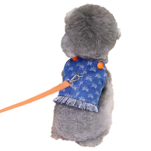 かわいいペット犬服春夏通気性ボウデニムベスト中小型犬猫防風日焼け止めTシャツは散歩に着用できリードを送ることができます(濃紺, XL)
