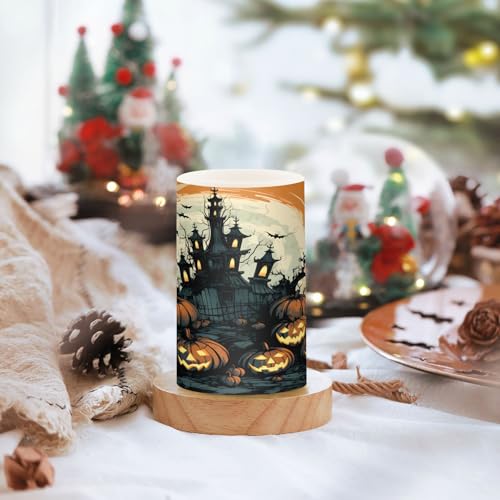 Image of ALAZA Halloween Pumpkins Castle Bat4 Flickering Flameless Candles Battery Operated with Remote Timer,Tea Light Candles LED Pillar Votive Candles Set of 2 for Outdoor Indoor Decorations