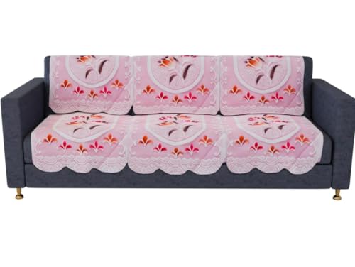 Image of Premium 3-Seater + 2 Single Seater Sofa Cover Set | Anti-Slip Cotton Blend Sofa Protector | Washable & Durability-Enhanced Fabric | Floral Design for Living Room Decor (Pink)