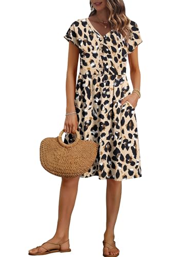 Image of AUSELILY Women's Summer Short Sleeve Knee-Length V Neck Dress with Pockets