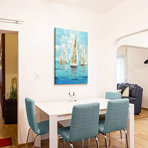 Utop-Art Marine Paintings Sailing Boats Wall Art: Sailboat Seaview Canvas Artwork With Golden Foil Embellishment Ocean Decorations For Office (36 '' X 24''X1Panel) #TOP6