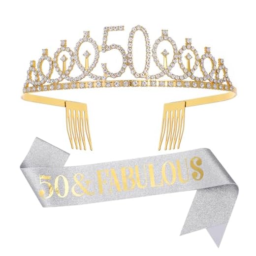 Sliver Gold "50 & Fabulous"Sash & Rhinestone Tiara Set, 50th Birthday Gifts for Women, Birthday Sash/Tiara for Women's 50th Birthday Party Decoration (Sliver 50th)