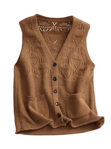 MakeMeChic Women's V Neck Button Down Sweater Vest Tops Sleeveless Knit Vintage Cardigan with Pockets