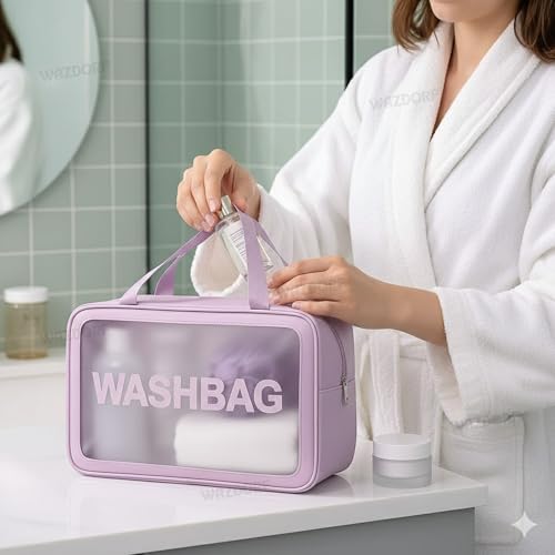 Image of Wazdorf Cosmetic Pouch Bag - Large Waterproof Wash Bag with Handle, Translucent Cosmetic Organizer for Makeup, Brushes & Accessories - Unisex Storage Pouch for Travel & Bathroom Use (Purple -3 Pcs)