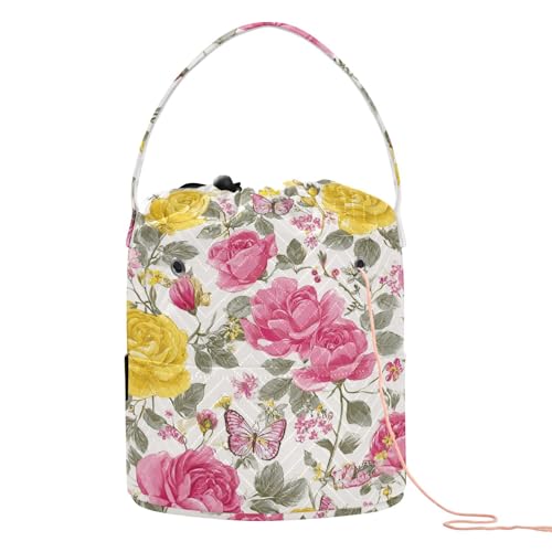 Image of ElliTarr Crochet Bag Yarn Bag with Handle Portable Knitting Project Bag Travel Yarn Storage Organizer Holder Case Groovy Roses and Butterflies