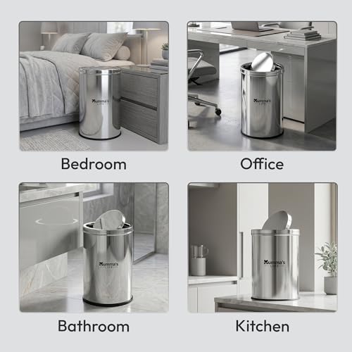 Image of Mumma's LIFE 20L Dustbin for Home | Stainless Steel Swing Dustbin with Lid | Trash Can for Kitchen, Bathroom, Washroom, Bedroom & Office (10x14 Inch)