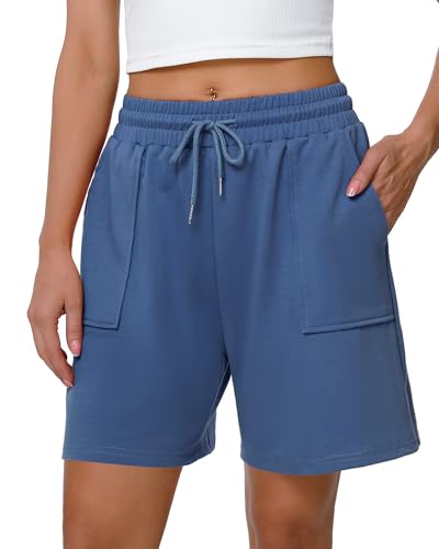 Cowasto Womens Cotton Sweat Shorts Casual Summer Loose Athletic Short Drawstring Waist Lounge Running Shorts with Pockets Blue