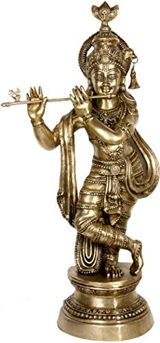 Aone India Large Size Krishna Playing on Flute - Natural Brass Sculpture (35.0 X 14.0 X 6.5 Inches, Gold)