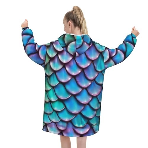 Couverture à capuche avec imprimé écailles bleues, idée cadeau cocooning originale - 3