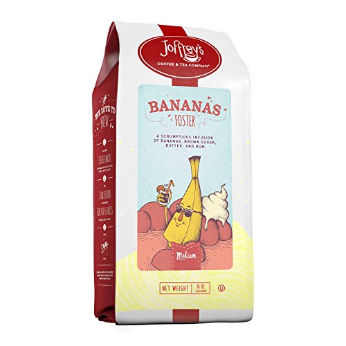 Joffrey's Coffee & Tea Company Bananas Foster, Café con sabor, Tostado medio artesanal, Granos de café Arábica, Plátano, Azúcar moreno, Mantequilla y Ron Sabor, Sin gluten, Sin azúcar (molido, 16 oz)