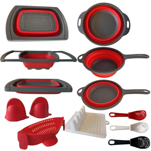 BaraBara Silicone 10 pcs Telescopic Collapsible Strainers with Handles, Foldable Bowl, Clip on Drainer. Red Spoon Rest, 3 ladle Masher Spoons. Silicone Gloves Heat Resistant Bundle Cooking Set.