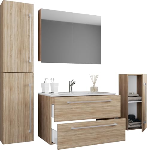 VCM 5-TLG. Set | 1 Waschtisch mit Zwei Schubladen, 1 Spiegelschrank, 1 Waschbecken, 1 Midischrank, 1 Hochschrank | Keramik Waschbecken | hängend Unterschrank 80 cm | Badmöbel Set Waschplatz – Badinos