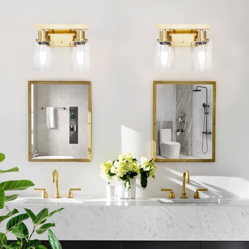 Image of 2-Light Brushed Gold Vanity Lights for Bathroom, Brushed Gold Bathroom Light Fixtures, Modern Vanity Lighting Over Mirror with Clear Glass Shade, Farmhouse Bath Wall Lamp for Mirror