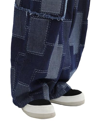 Patchwork Cargo Pants for Women Wide Leg High Waisted Elastic Waist Unisex Y2k Plaid Checkered Pants4