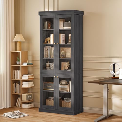Image of Vyre 70.8 inch Bookshelf with Glass Doors, Farmhouse Modular Bookcase with 6-Tier Adjustable Shelves, Large Storage Cabinet for Living Room & Home Office, Set of 2, Black