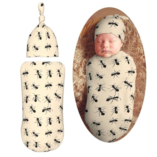 Image of Black Ants Newborn Swaddle Blankets Hat Sets Soft Baby Receiving Blanket Swaddle Sack for Baby Shower Infant Boy Girl Gift