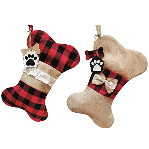 WDDH 2PCS Pet Dog Christmas Stockings, Dog Bone Shape Christmas Stocking,Buffalo Red and Black Plaid Stocking for Christmas Party Holiday