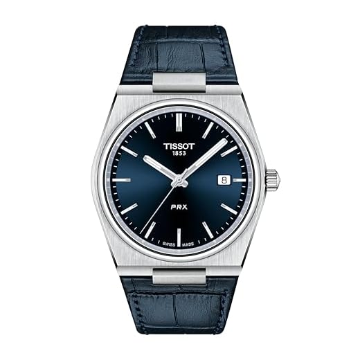 Tissot Mens PRX 316L roestvrij stalen kast Quartz horloge, blauw, leer, 12 (T1374101604100)