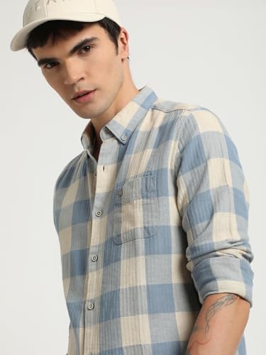 Image of THE BEAR HOUSE Men Blue Checked Slim Fit Cotton Linen Casual Shirt