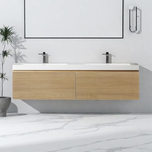 Image of Wall Mounted Bathroom Sink Vanity, Modern 60 inch Floating Vanity with 2 Resin Top Basins and 2 U-Shaped Soft-Close Storage Drawers, Striped Bathroom Storage Cabinet with Invisible Handle, Wood