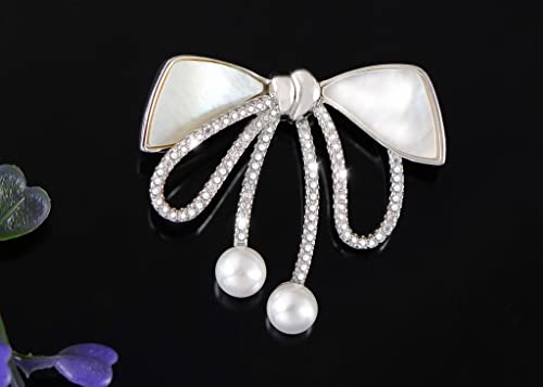 Image of Alilang Cubic Zirconia Bridal Natural Seashell Bowknot Brooches Pins Crystal Rhinestones Vintage Women Accessory