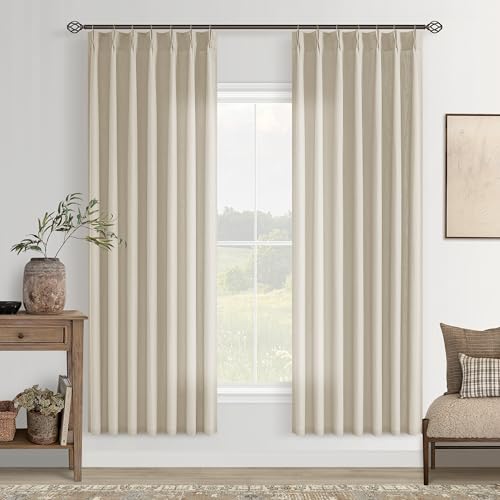 Image of Oatmeal Pinch Pleated Semi Sheer Linen Curtains 72 Inch Length for Bedroom | Non See Through Privacy, Drapes, Neutral Warm Beige, Apartment Bay Window Bedroom, Hook Rings Memory Shape, Burlap Textured