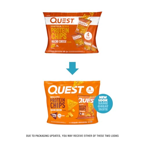Image of Quest Nutrition Nacho Cheese Tortilla Style Protein Chips, 18g Protein, 4g Net Carb, Low Carb, Gluten Free, 1.1 oz (Pack of 4)