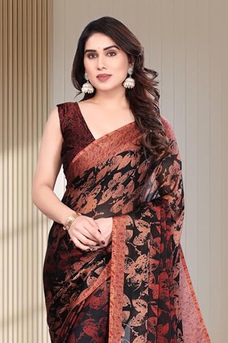 Image of SUPERLAXMI Women's Chiffon Floral Printed Saree with Blouse Piece