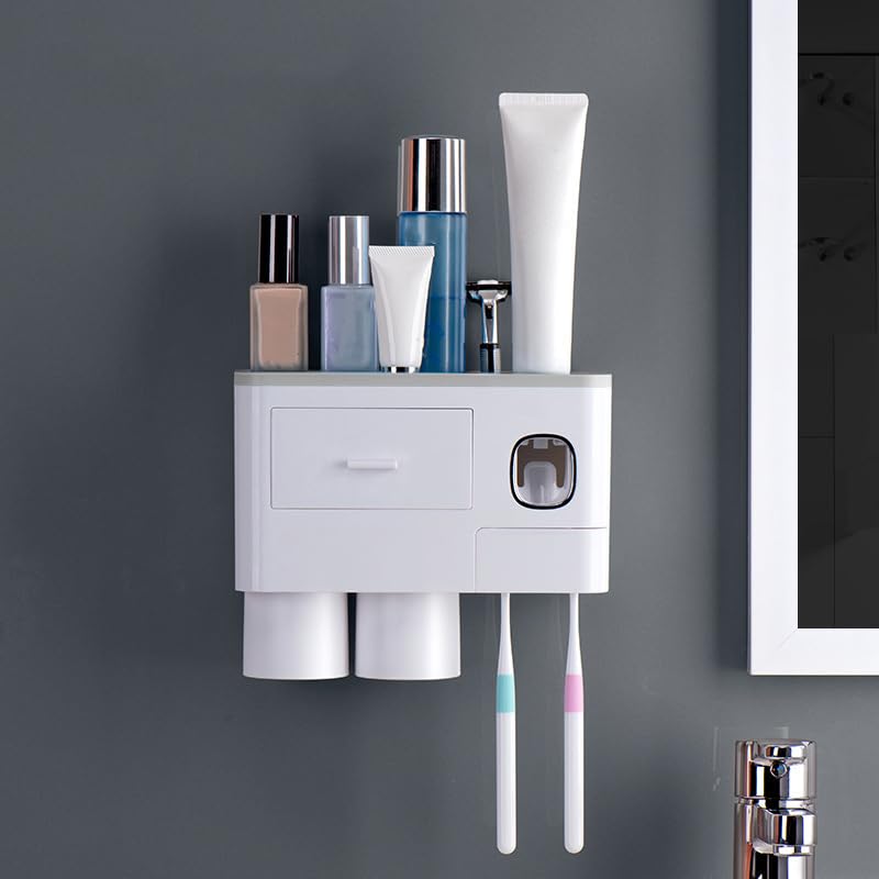 Cocoarm Portaspazzolino da Parete, Portaspazzolino Magnetico in Plastica con Dispenser per Dentifricio, Portaoggetti a Cassetto, Tazze Capovolte per Bancone del Bagno e Uso Familiare (2 tazze grigio