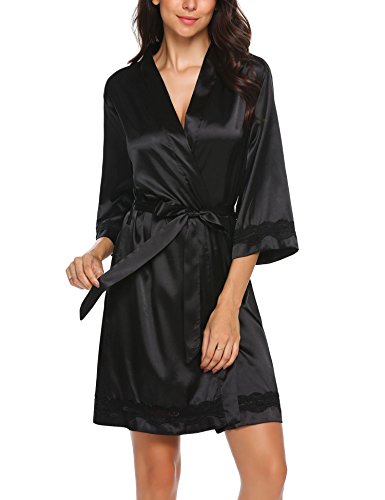 UNibelle Morgenmantel Damen Kurz Kimono Braut Satin Nachthemd Damen Knielang Kurz Hausmantel Nachtmantel (Schwarz/L) Cover