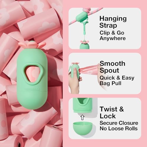 Image of VETRESKA Dog Poop Bags with Dispenser, Lavender Scented, Guaranteed Leak Proof and Extra Thick Pet Waste Bags for Walking Dog and Cats Litter, 1 Bag Holder and 105 Bags (7 Refill Rolls)