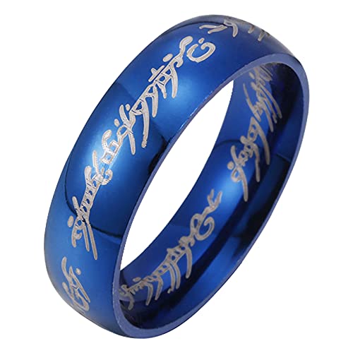 Godyce Rings for Men - Lord of The Rings Wedding Band Laser Etched Domed Comfort Fit,6mm Fashion Jewelry Stainless Steel Mens or Womens Wedding Band Blue Ring Size 7