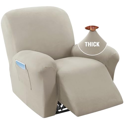 H.VERSAILTEX 2024 New 1-Piece Upgraded Velvet Recliner Chair Covers Stretch Soft Reclining Couch Covers for 1 Cushion Reclining Sofa Slipcovers Anti Slip Furniture Covers Form Fit Customized, Oatmeal