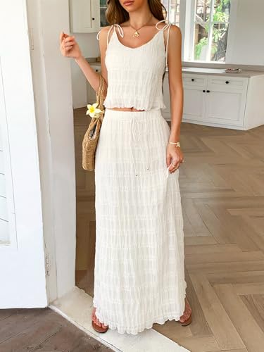 Women Y2k Maxi Skirt 2 Piece Set Sexy Spaghetti Tie Strap Cami Top Flowy Pleated Long Dress Summer Vacation Outfits4